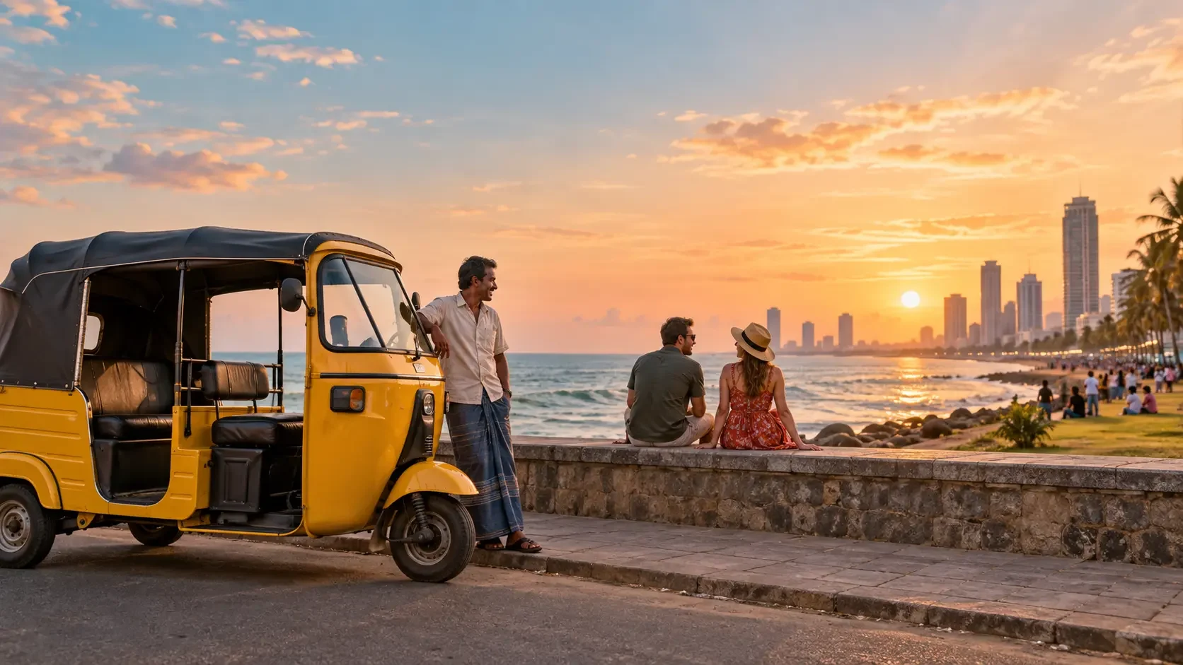 Tuk-tuk tour finishing beside the Colombo waterfront at sunset