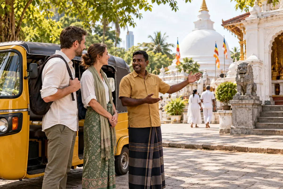 Local driver introducing travellers to a Colombo Buddhist temple