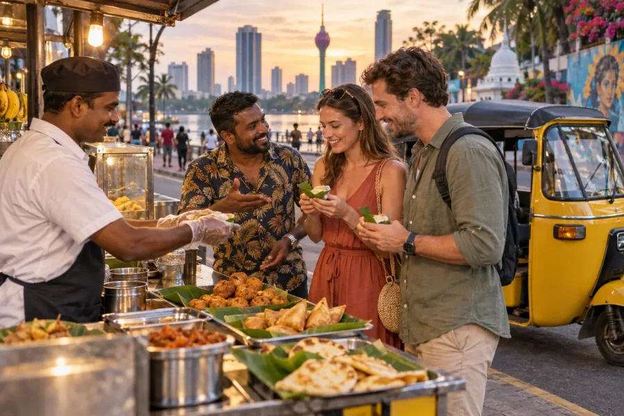 Travellers enjoying an optional Colombo street-food stop