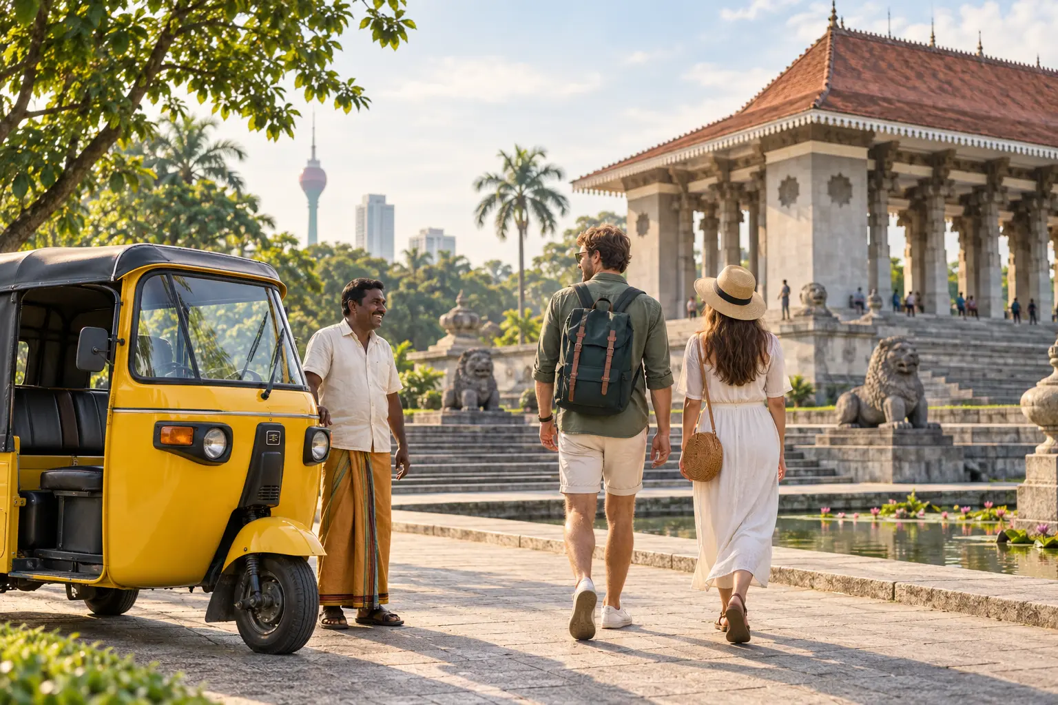 Visitors arriving by tuk-tuk at Independence Memorial Hall in Colombo